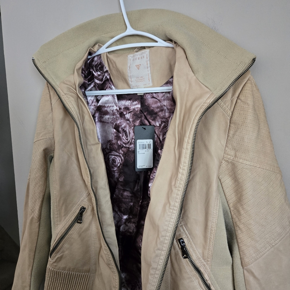 Guess NWT Moto Jacket Women Biker Tan Camel Medium Coat Top Bomber Y2K - Picture 14 of 15